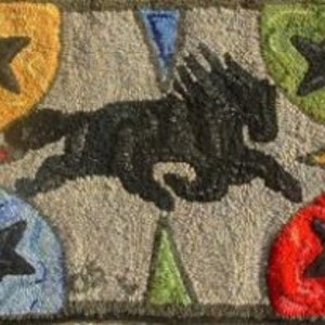 May include: A rectangular rug with a central image of a black horse in motion. The rug features a gray background with colorful star and circle designs in orange, green, red, and blue. The rug measures approximately 24 inches by 36 inches.