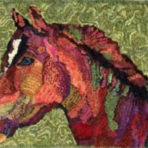 May include: A colorful, textured artwork depicting the profile of a horse's head. The horse features a mix of reds, oranges, purples, and greens, with a white stripe on its face and a blue eye. The background is a textured green.