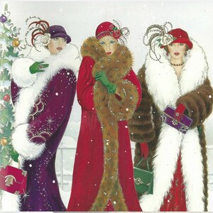 May include: An illustration of three women in vintage winter clothing. Each woman wears a long coat with a fur collar, a hat, and gloves. One woman carries a red purse, another a green purse, and the third a purple purse. A Christmas tree is in the background.