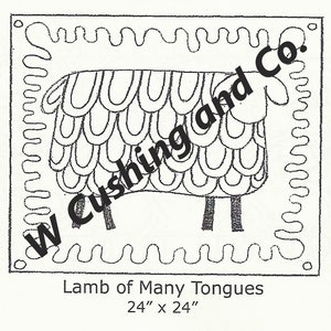 May include: Black and white line drawing of a sheep with a wavy border. The sheep is labeled "Lamb of Many Tongues" and measures 61 x 61 cm.