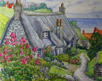 English Cottage By the Sea based on the artwork of Alida Akers, Rug Hooking Pattern 20 x 24.