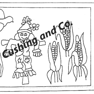 May include: Black and white line drawing of a scarecrow in a cornfield with a bird in the sky. The image includes the text "Cushing and Co." and "Cornfield" with dimensions of 90.2 x 119.4 cm.