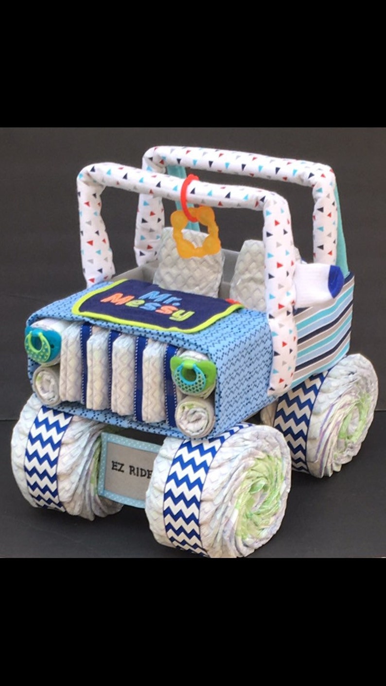 Jeep baby diaper jeep diaper cake boy diaper centerpiece | Etsy How To Make A Jeep Diaper Cake