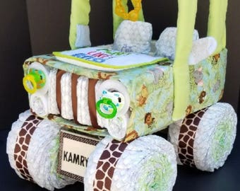 Jungle baby shower, jungle diaper cake, safari baby shower, baby shower gift, safari diaper cake, animal baby shower, diaper jeep