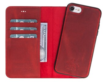 Abnehmbare Lederhülle 2 in 1 iPhone 8 Handgemachte Handy Hülle mit Kartenslot Rot Leder Schutzhülle Elegance Design MPW-IP8-G4