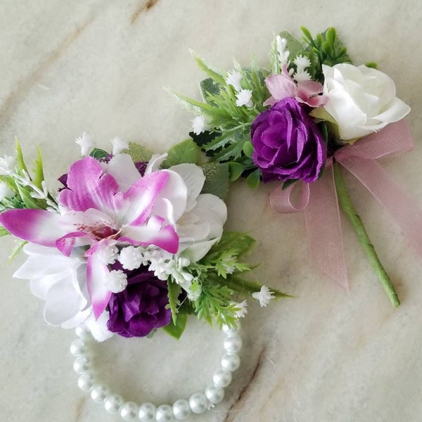 Deep purple Prom set, Purple fuchsia corsage and boutonniere, Dark purple and white wrist corsage and boutonniere,  Fuchsia prom set