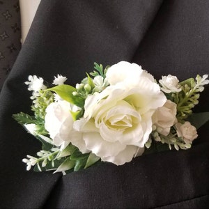 White pocket boutonniere,  Pocket square boutonniere, White  wedding pocket boutonniere