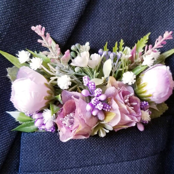 Purple pocket boutonniere, Lavender pocket square boutonniere, Violet pocket boutonniere, Lilac pocket boutonniere