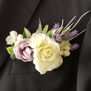 Lavender Pocket Square Boutonniere: White & Purple Artificial Flowers