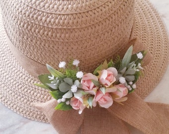 Straw hat with  floral decoration , Sun hat, Straw hat  with flowers, Boater with blush small roses decoration