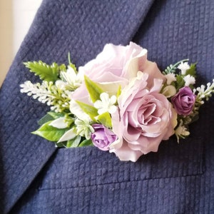 Lilac pocket boutonniere, Violet pocket square boutonniere, Lavender pocket boutonniere, Purple button hole