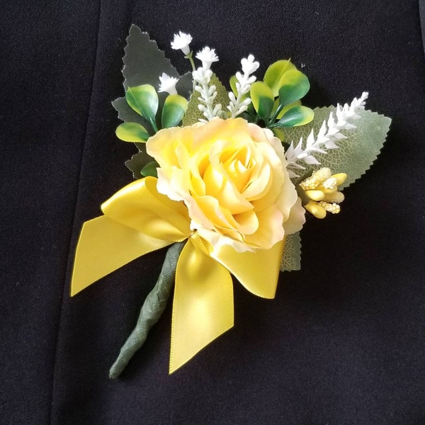 Boutonnière jaune, boutonnière rose jaune, boutonnière rose jaune, boutonnière de mariage jaune