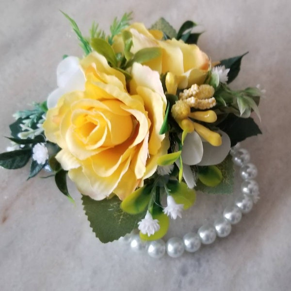 Yellow corsage, Yellow rose corsage, Yellow wrist corsage,  Yellow rose wristlet, Mother's corsage, Bridal corsage