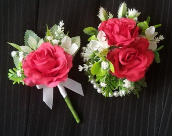 Red Rose Corsage and Boutonniere Set, Pearl Wristlet, Artificial Flowers