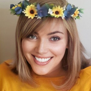 Sunflower hair crown, Sunflower navy blue hair wreath, Yellow navy blue flower crown, bridal hairpieces