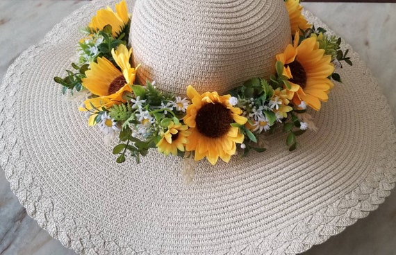 Sunflower Straw Hat, Wide Brim Straw Hat with Adjustable Sunflower Crown, Decorated Straw Hat