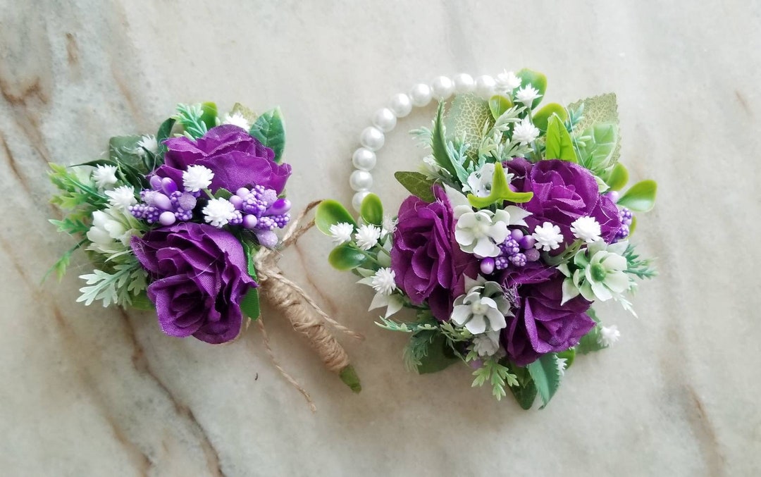 Purple Prom Corsage Set, Purple Corsage and Boutonniere, Purple