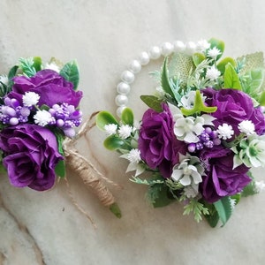 Plum Wedding Wrist Corsage and Boutonniere Set Purple Corsage -   Prom  flower bracelet, Corsage and boutonniere set, Corsage and boutonniere