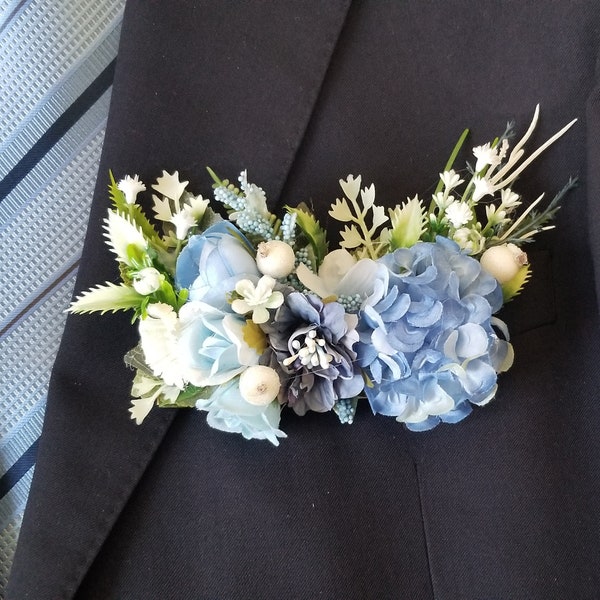 Blue pocket boutonniere, Pocket square boutonniere, Blue wedding boutonniere,  Blue pocket square boutonniere.