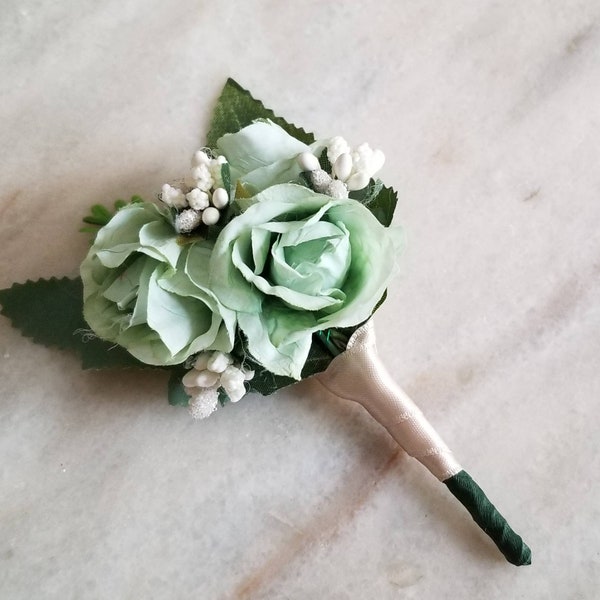 Mint boutonniere,  Pastel mint boutonniere, Green and mint button hole, Mint boutonniere with ivory ornaments