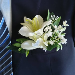 White pocket boutonniere, Pocket square boutonniere,  Tuxedo pocket flower, Lily pocket boutonniere