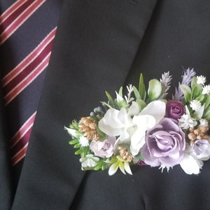 Lilac pocket boutonniere, Gold, violet and purple pocket boutonniere, Pocket square boutonniere