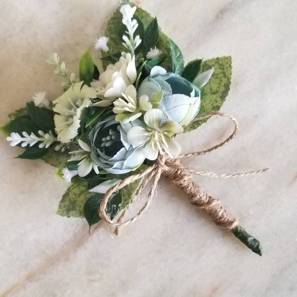 Sage boutonniere, Green, teal boutonniere, Sage teal button hole, Sage lapel pin, Sage, teal wedding.