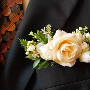 Tuxedo pocket boutonniere, Cream peach pocket square boutonniere, Champagne blush ivory pocket boutonniere