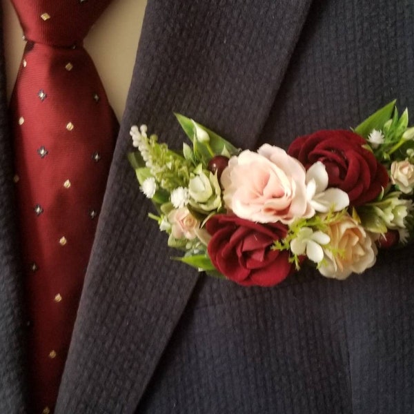 Pocket boutonniere, Burgundy pocket square boutonniere, Bordeaux pocket boutonniere, Tuxedo pocket flowers,  Dark red wedding boutonniere