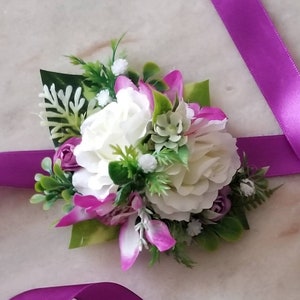 Fuchsia Corsage, Magenta Tie on Ribbon Corsage, White Rose and Fuchsia