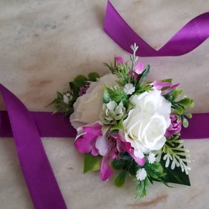 Fuchsia Corsage, Magenta Tie on Ribbon Corsage, White Rose and Fuchsia