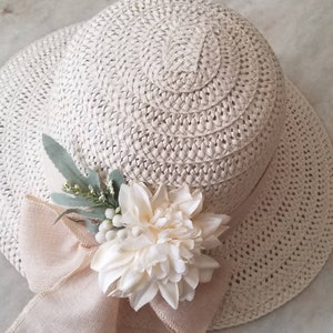 Straw hat with  floral decoration , Sun hat, Straw hat  with flowers, Boater with pale yellow flower decoration