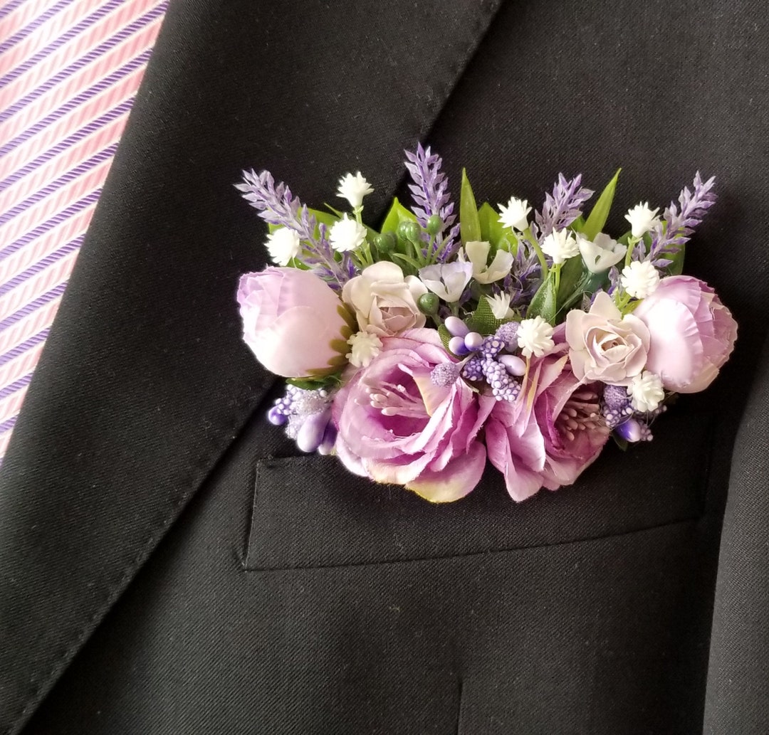 Purple Pocket Boutonniere, Lavender Pocket Square Boutonniere, Violet ...