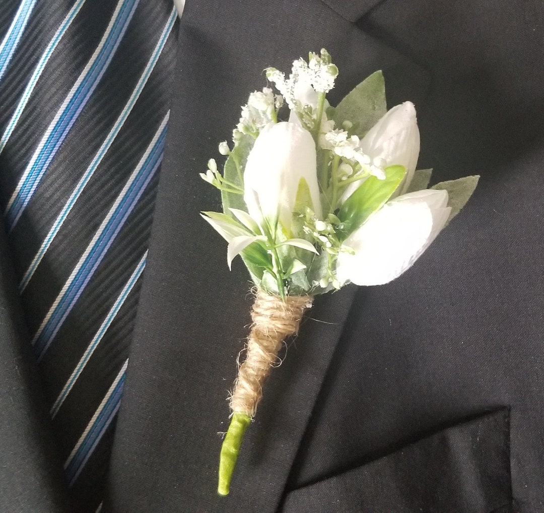 White Tulip Boutonniere, Vintage Boutonniere, White Rustic Boutonniere