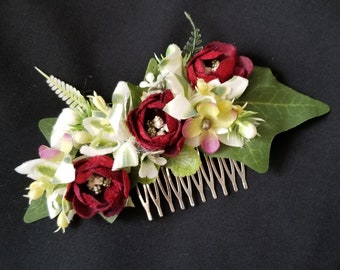 Floral comb, Burgundy floral comb, Handmade Bordeaux hair comb, Burgundy hairpiece, Bordeaux hair clip