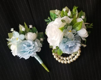 Baby Blue corsage set, Blue corsage and boutonniere, Light blue wristlet and boutonniere, Baby blue wedding, Baby blue Prom