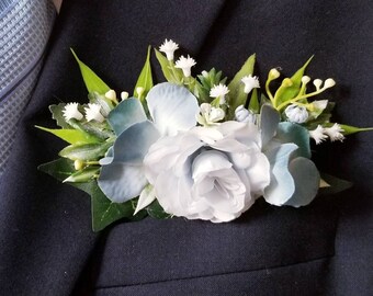 Blue pocket boutonniere, Tuxedo pocket flowers, Blue pocket square boutonniere, Blue button hole.