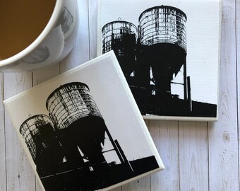 New York Destination Wedding, Brooklyn NYC Water Tower, Urban Rooftop Art, Decorative Ceramic Tile, Desk Decor, Unique Coasters, City Art,