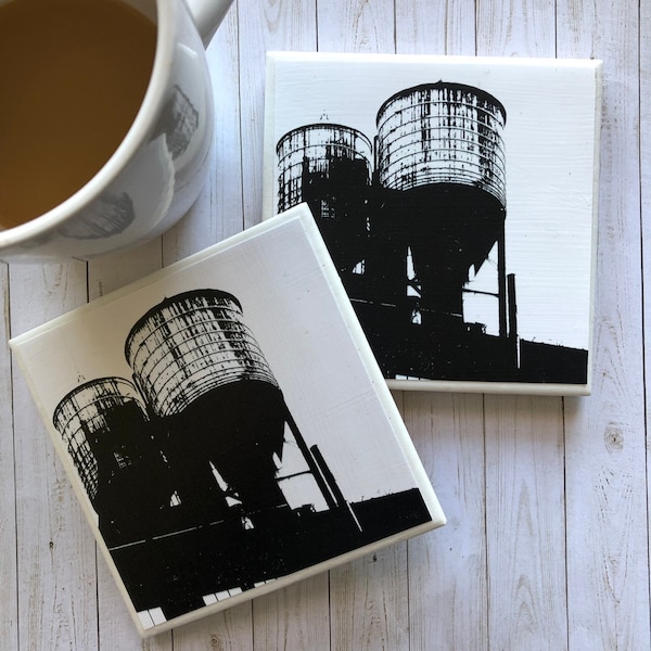 New York Destination Wedding, Brooklyn NYC Water Tower, Urban Rooftop Art, Decorative Ceramic Tile, Desk Decor, Unique Coasters, City Art,