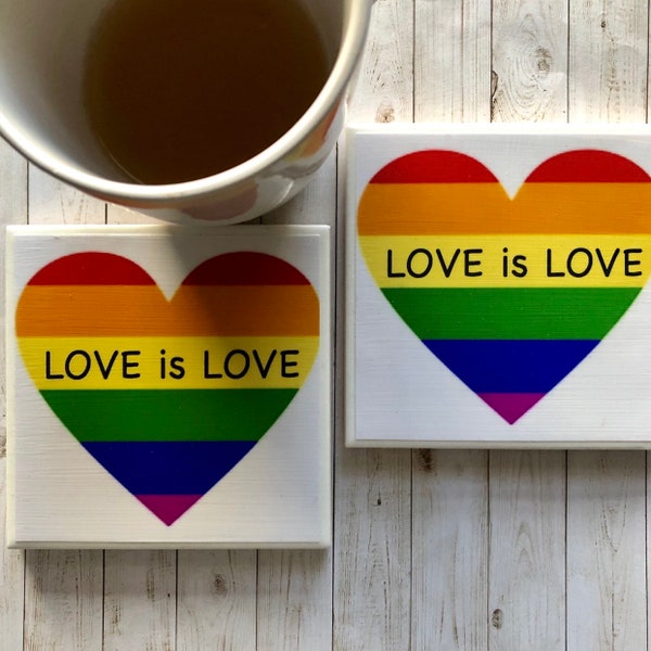 Rainbow Coasters, Gay Pride Wedding Table Decor, Rainbow Heart, Gay Wedding Favors, Rainbow Flag Decor, Love Is Love Art Coaster, LGBTQ Gift