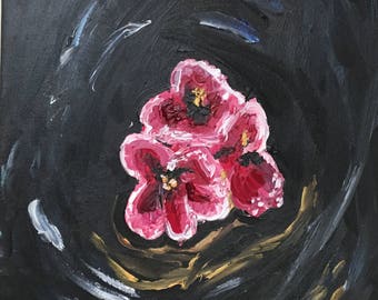 small pink flower oil painting- original, hand-painted  - high contrast artwork - small accent piece