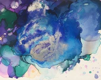 medium abstract alcohol ink painting - one of a kind abstract artwork -blue, purple and silver metallic art