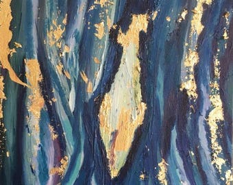 Tall, one-of-a-kind blue, green and gold leaf abstract, contemporary oil painting - hand-painted original piece of art