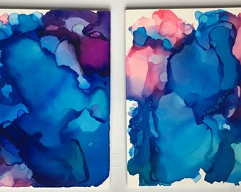 Small abstract alcohol ink painting set- blue, pink and purple abstract modern one of a kind paintings - accent piece