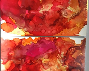 Medium abstract alcohol ink painting- set two tiles one of a kind, pink, red and gold painting - wall art