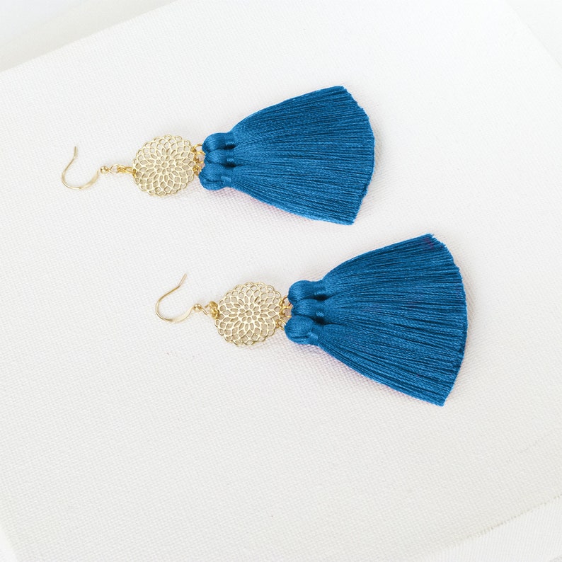 Blue Tassel Earrings Blue Fringe Earrings Summer Earrings Handmade Blue Tassel Earrings Gold Wedding Earrings Tassel Earrings