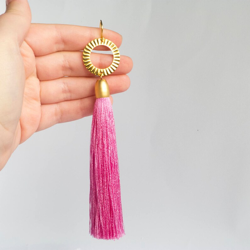 Magenta Party Earrings Pink Holiday Earrings Prom Earrings Magenta Wedding Earrings Big PinkTassel Earrings Long Magenta Tassel Earrings