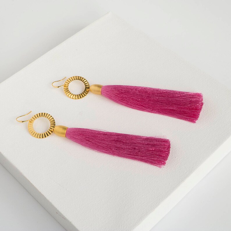 Magenta Party Earrings Pink Holiday Earrings Prom Earrings Magenta Wedding Earrings Big PinkTassel Earrings Long Magenta Tassel Earrings