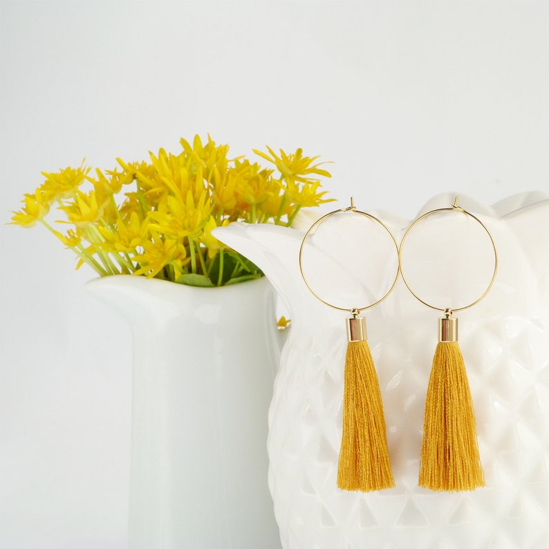 Mustard Tassel Earrings with Circles 24k Gold Hoops with Etsy