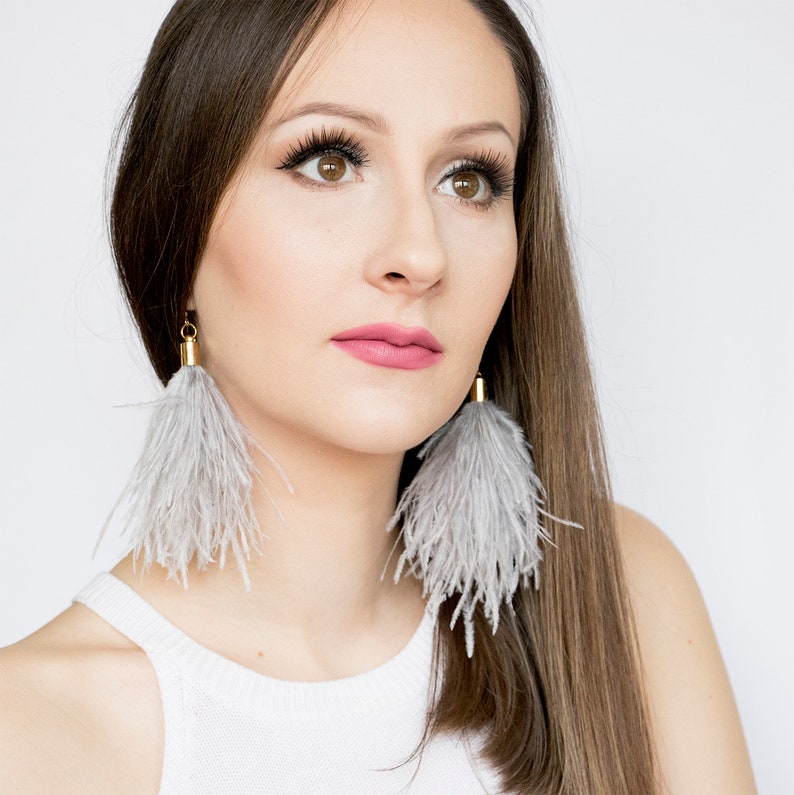 Long Feather Earrings Prom Jewelry Gray Ostrich Feather Earrings Best Gifts For Her Silver Feather Tassel Earrings Boho Gray Earrings